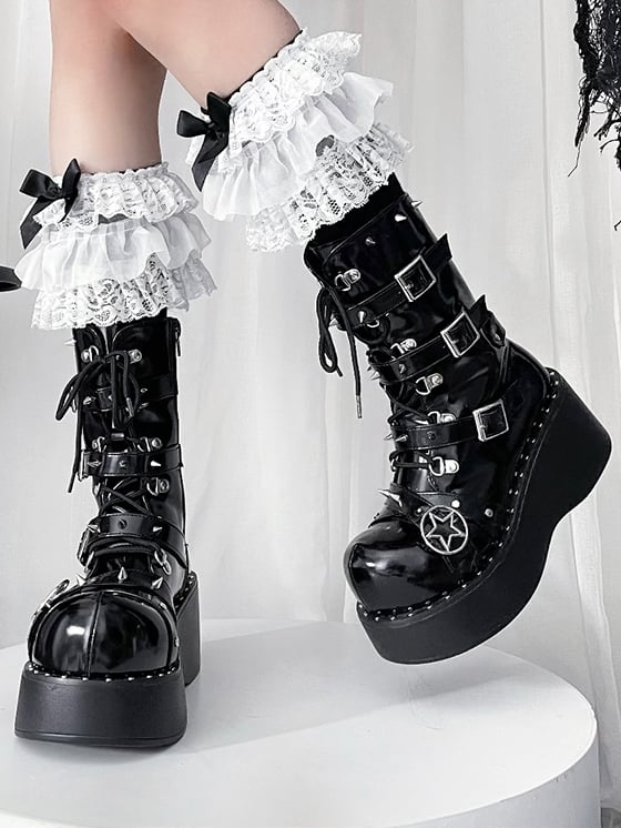 Buckle Straps Polished Black Platforms Punk Boots with Star-shaped Metal Plates