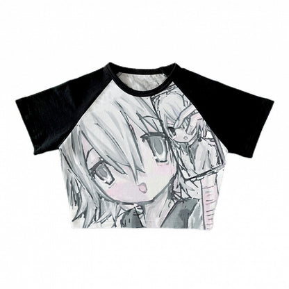 Black Colorblock Design Graphic Cropped Top