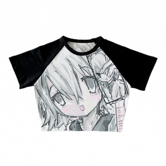 Black Colorblock Design Graphic Cropped Top