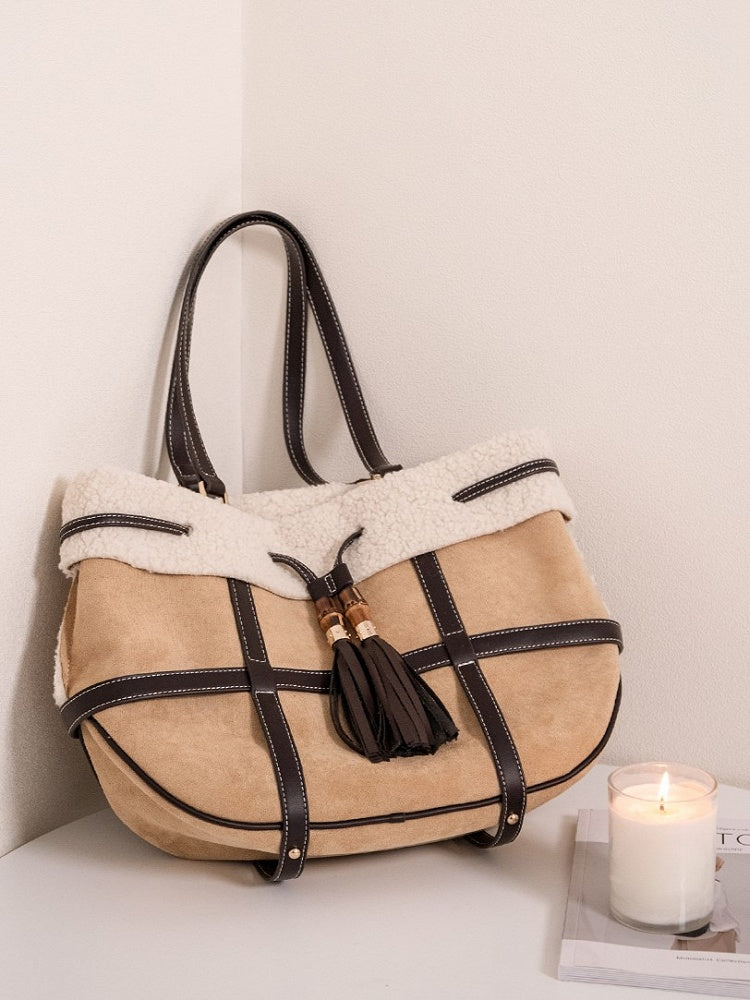 Plush Trim Brown Tote Bag With Vintage Bamboo Knot Accents - Large Capacity Shoulder Bag For Fall And Winter