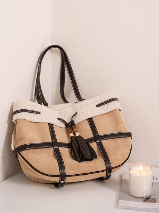 Plush Trim Brown Tote Bag With Vintage Bamboo Knot Accents - Large Capacity Shoulder Bag For Fall And Winter