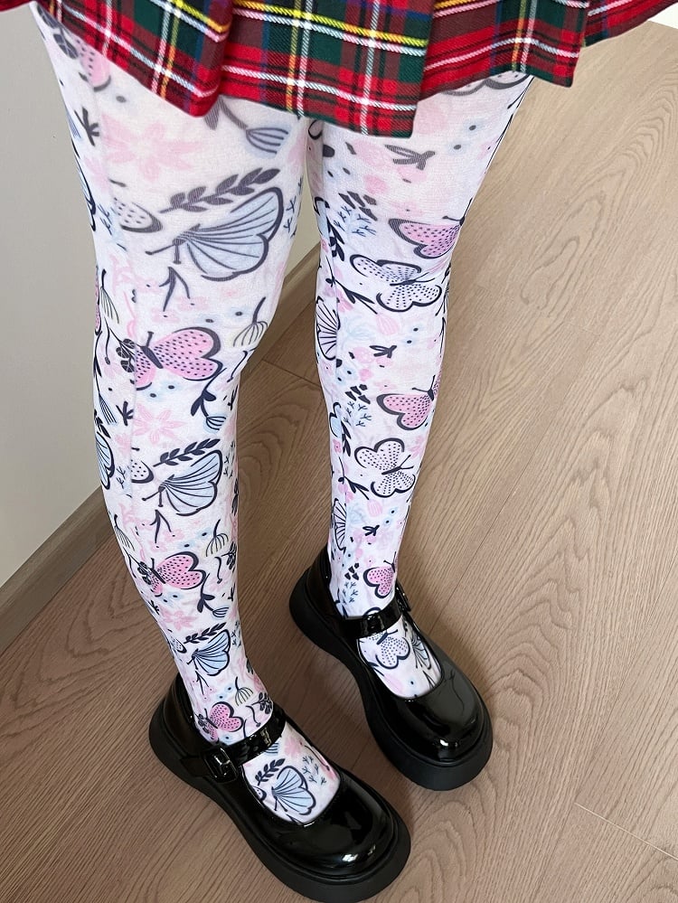 White Butterfly Print Tights