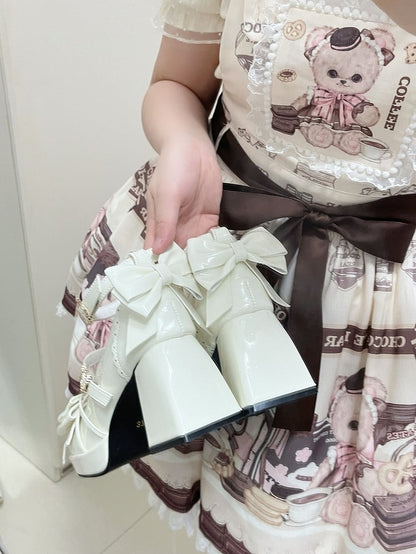 White Bow Accent Crisscross Design Lolita Platform High Block Heels