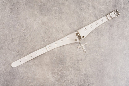 Cross Pendant White Studs Gothic PU Choker
