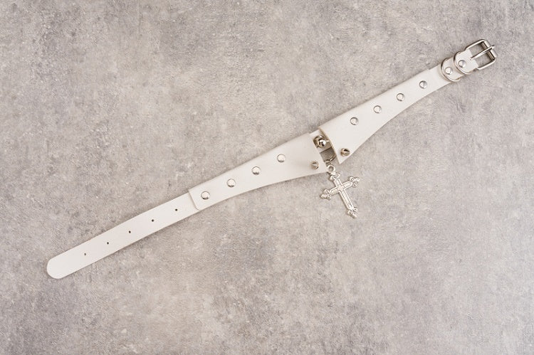 Cross Pendant White Studs Gothic PU Choker