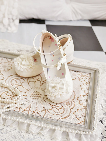 Milky White Bow at Top Lace Trim Heart Buckles Round Toe Lolita Shoes