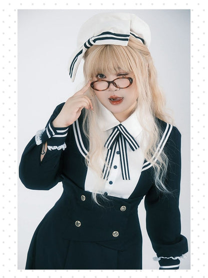 Plus Size JK Uniform Preppy Black Faux Two-Piece Midi Dress with Sailor Collar & Striped Accents