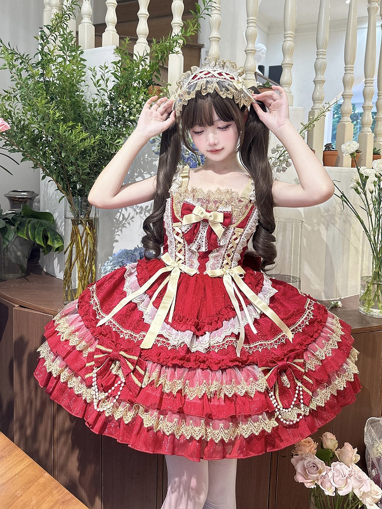 Red Bead Chain Bows Decorated Tiered Skirt Princess Lolita Dress