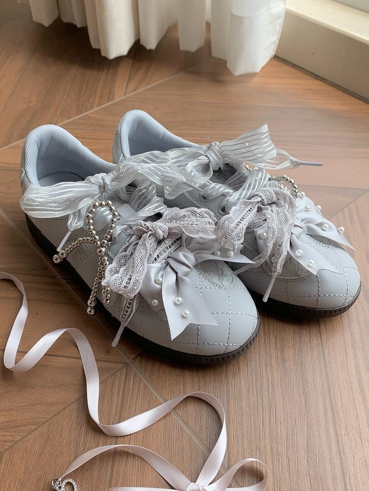 Gray Beaded Decorated Bow at Top Lace Front Lace-up Ties Sneakers