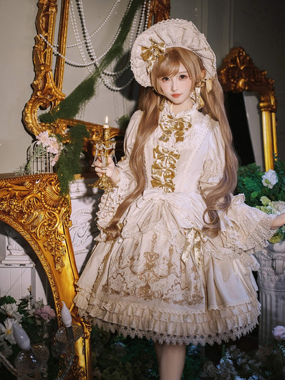 Candle and Candlestick Embroidery Cream Bell Sleeves Velvet Dress Lolita OP / Set