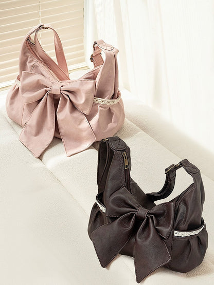 Classic Pink Shoulder Tote Bag With Dramatic Oversized Bow Accent