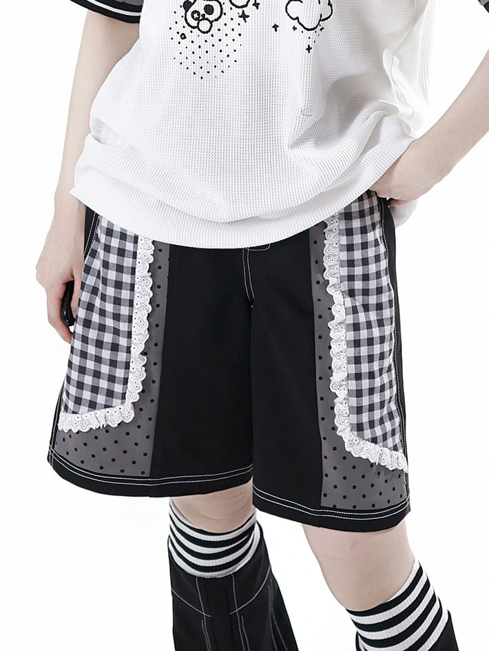 Black and White Plaid Patchwork Lace Trim Wide-leg Shorts