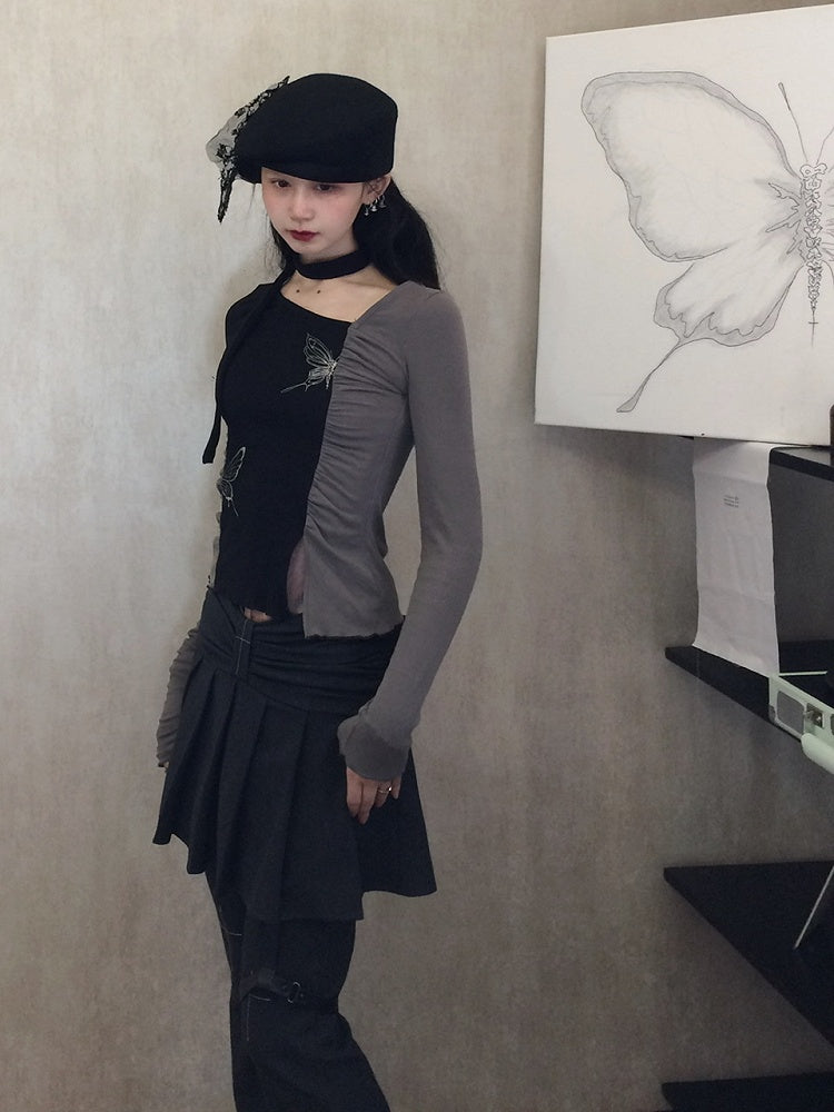 Dark Gray Flared Jeans Regular/Long Version with Pleated Skirt and Cross Motif