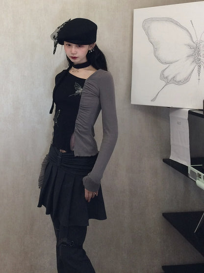 Dark Gray Flared Jeans Regular/Long Version with Pleated Skirt and Cross Motif