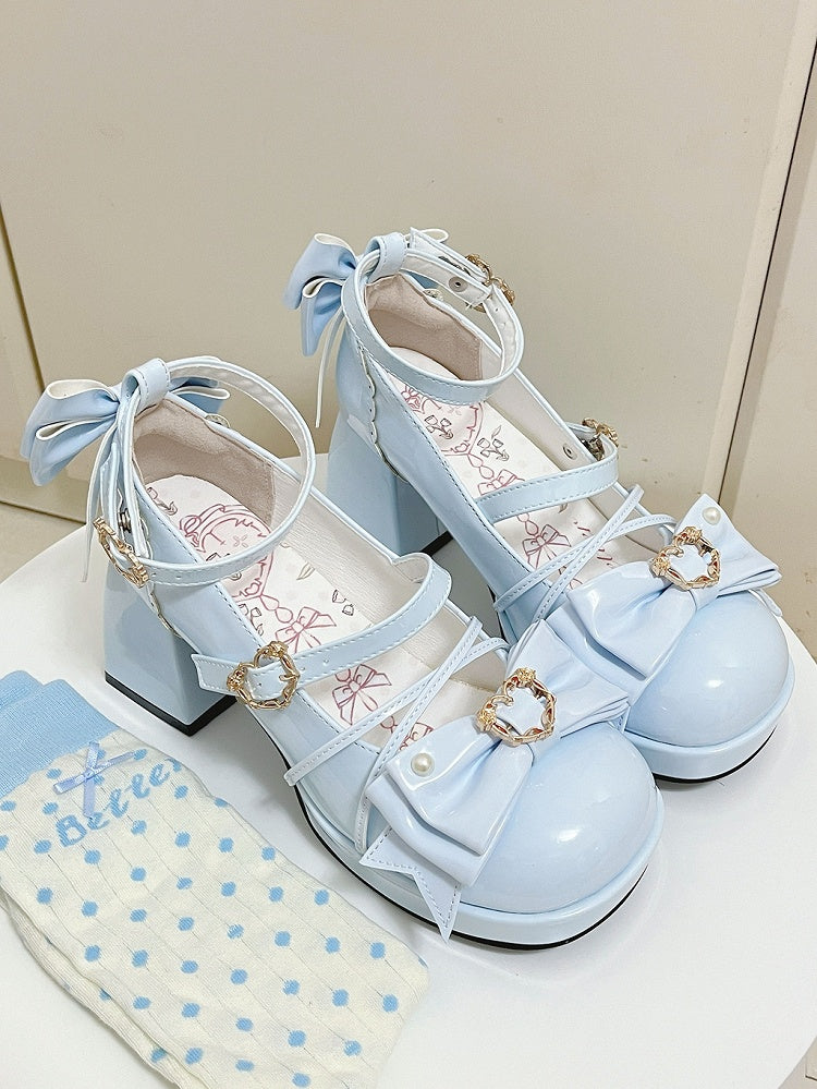 Light Blue Bow Accent Crisscross Design Lolita Platform High Block Heels