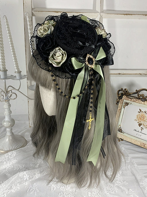 Gothic Cross Chains Black and Green Elegant Floral Design Bowknots Hat