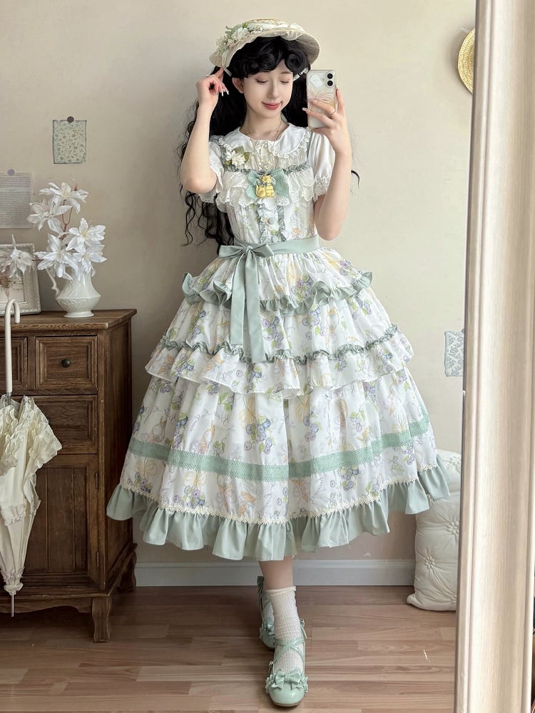 Blueberry and Ice Cream Print Tiered Skirt Light Green Ruffle Trimming Lolita Dress
