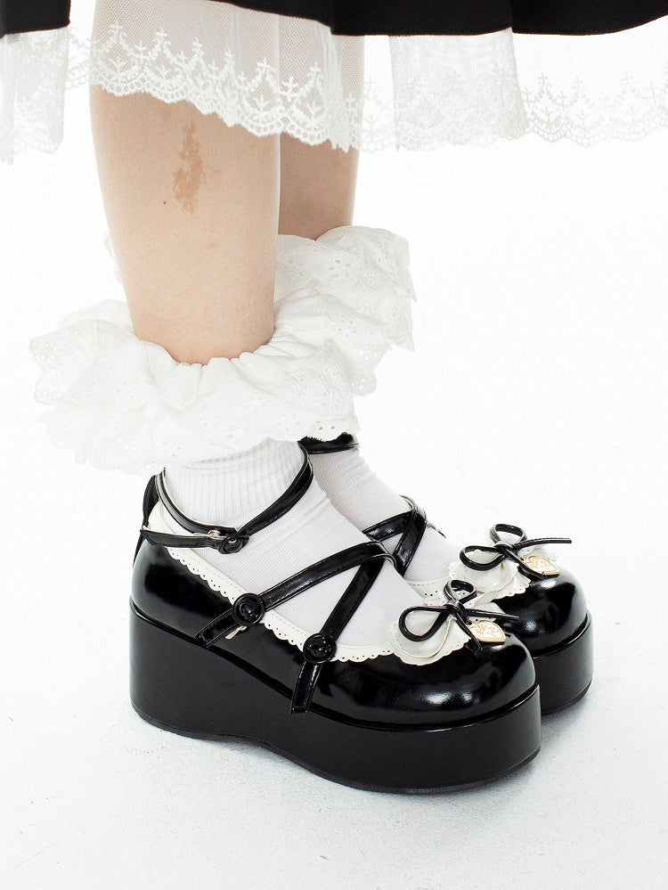 Buckle Ankle Strap Black Sweet Knotted Bow Accent Platforms
