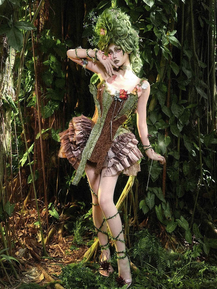 Brown Low Waist Fairy Goth Tie Dye Tiered Ruffles Skirt with Shorts Lining