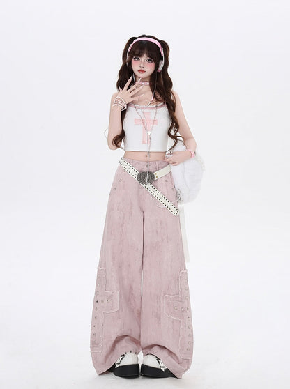 Light Pink Low Waist Studded Cross Appliques Wide-Leg Jeans