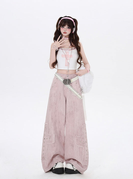 Light Pink Low Waist Studded Cross Appliques Wide-Leg Jeans