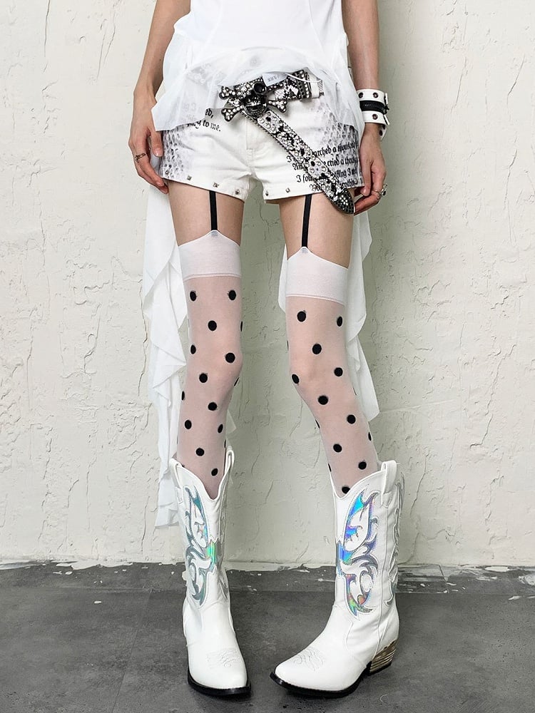 White Y2K Suspender Tights With Black Polka-dot Pattern