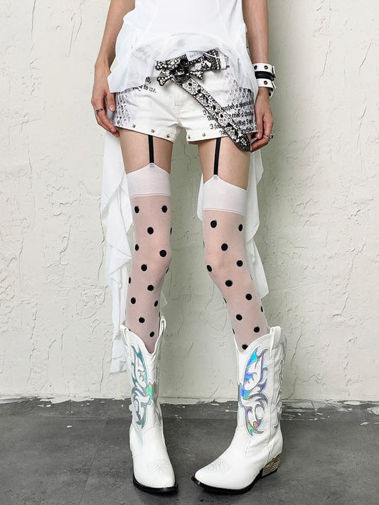 White Y2K Suspender Tights With Black Polka-dot Pattern