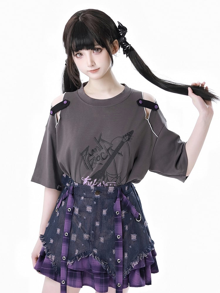 Dusty Gray Cutout Shoulder Slit Hem Punk Rock Graphic T-Shirt