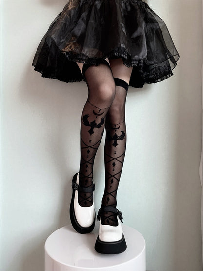 White/Black Bow Semi-sheer Cross and Wing Print Over Knee Stockings