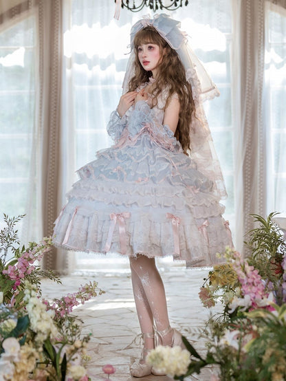 Blue and Pink Hime Lolita Bow Accents Tiered Skirt Princess Dress