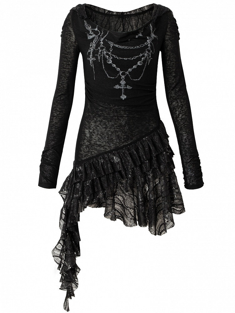 Black/Beige Wasteland Punk Cross Beaded Chain Print Lace Trim Dress