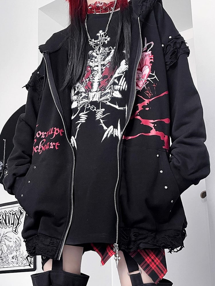 Black Guro Kawaii Heart And Letter Print Studs Decorated Cat Ear Zip-up Hoodie