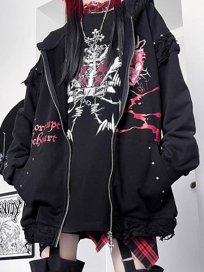 Black Guro Kawaii Heart And Letter Print Studs Decorated Cat Ear Zip-up Hoodie