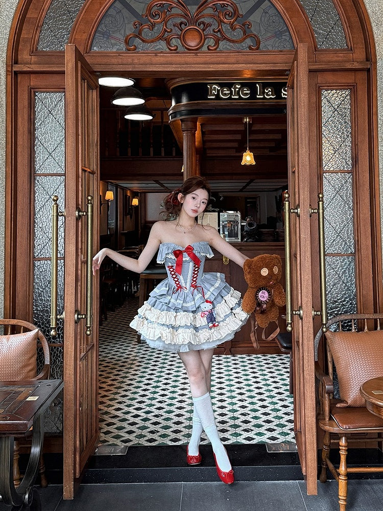 Blue Sweet Lolita Lace-up Boned Corset Top + Skirt + Bolero Full Set