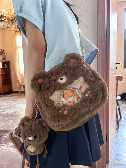 Brown Cute Plush Bear Crossbody Ita Bag