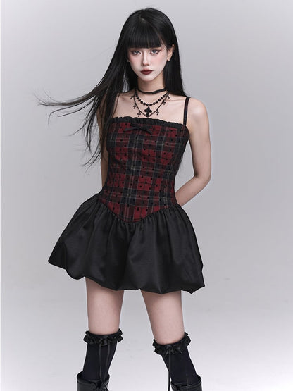 Red Plaid Basque Waist Mini Bubble Skirt Cami Dress