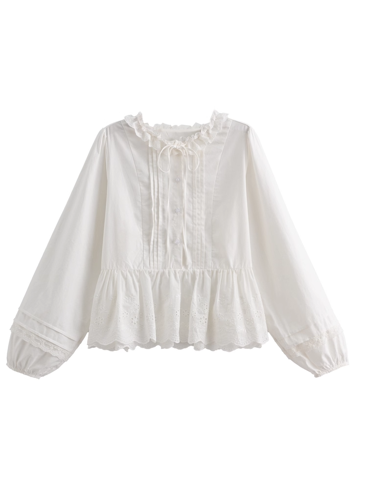 Self-tie Ruffle Neckline White Pleating Details Lace Hem Blouse