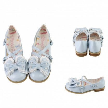 Blue Beaded Decorated Bow at Top Crisscross Design Bunny Ear Lolita Shoes