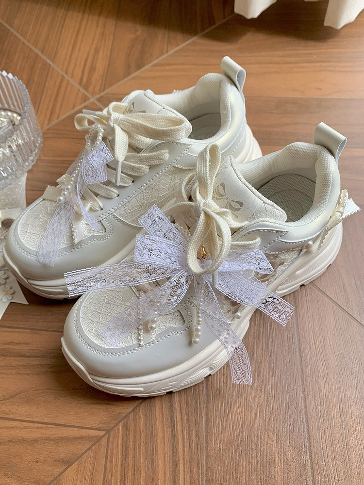 White Beaded Decorated Bowknot Details Front Lace-up Ties Sneakers