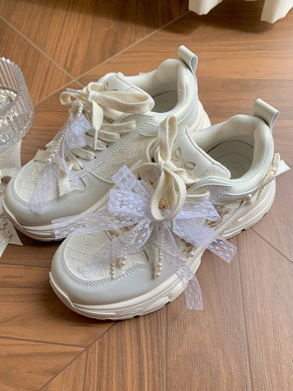 White Beaded Decorated Bowknot Details Front Lace-up Ties Sneakers