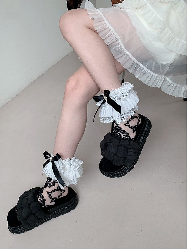 White/Black Bowknot Details Ruffled Cuff Semi-sheer Calf Socks
