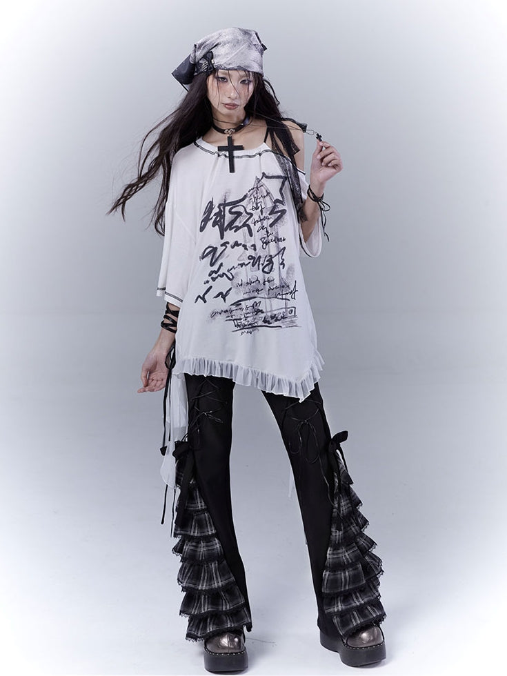 Black Lace-up Front Tiered Plaid Cuffs Slim-fitting Pants