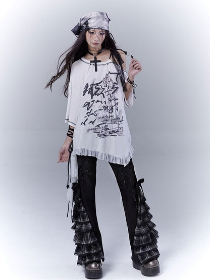 Black Lace-up Front Tiered Plaid Cuffs Slim-fitting Pants