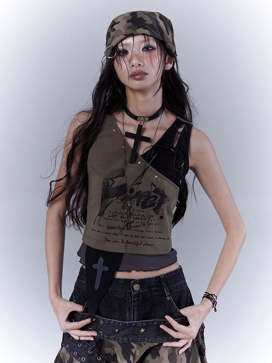 Army Green Lace-up Shoulder Asymmetrical Hem Wasteland Punk Tank Top