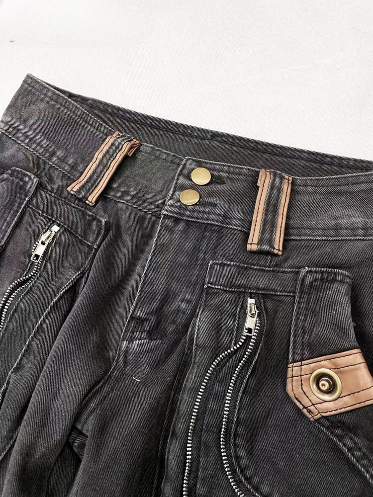 Millard Fashion Vintage Black Wasteland Punk Distressed Design Flared Jeans with Cargo Pockets