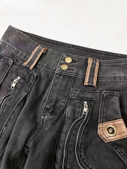 Millard Fashion Vintage Black Wasteland Punk Distressed Design Flared Jeans with Cargo Pockets