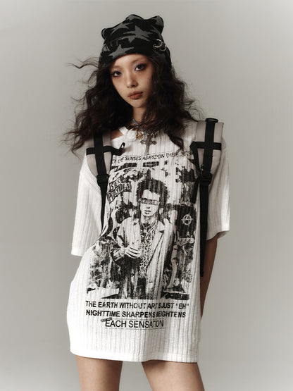 Punk White Asymmetrical Cutout Shoulder Graphic T-shirt