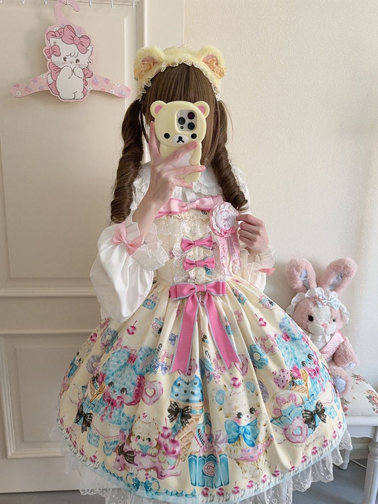 Teddy and Ice Cream Print Yellow Sweet Lolita Jumper Skirt