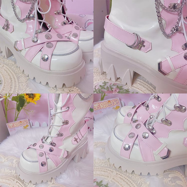 White and Pink Knee-high Punk Fashion Chunky Boots Studs and Skulls Details