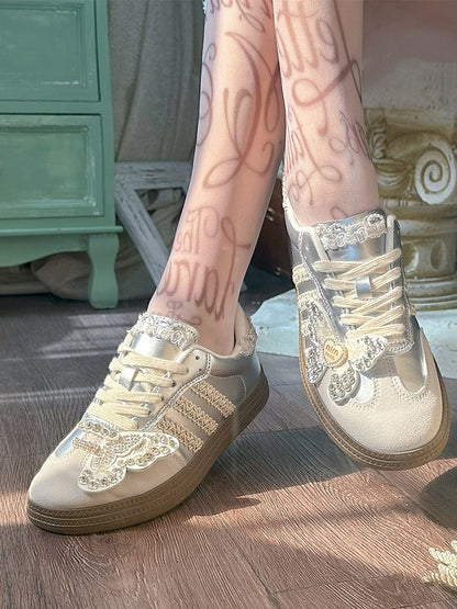 Beads and Rhinestones Detail Silver Butterfly Decorated Sneakers